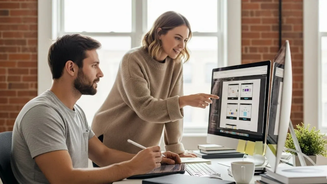 Two designers working on a website at a computer